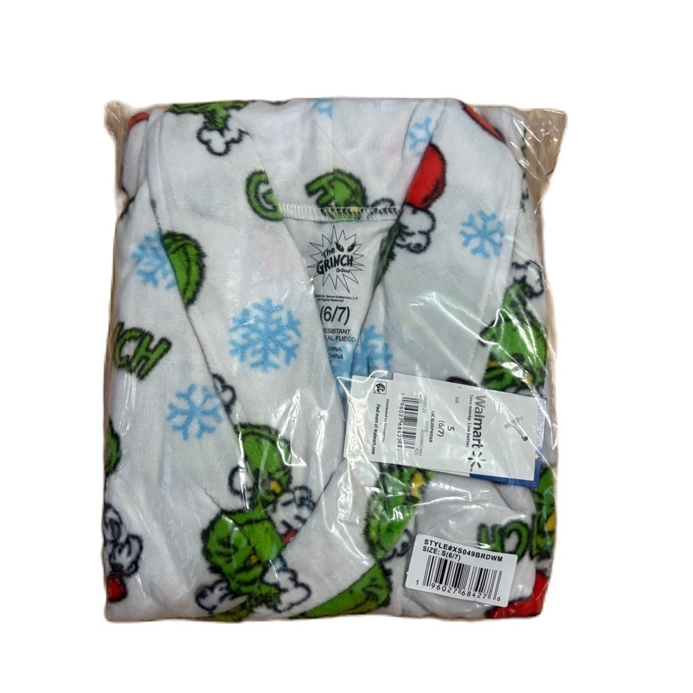 Dr. Seuss Grinch White, Green, Red Kids Fleece Robe NEW Sz 6/7 Christmas Fleece